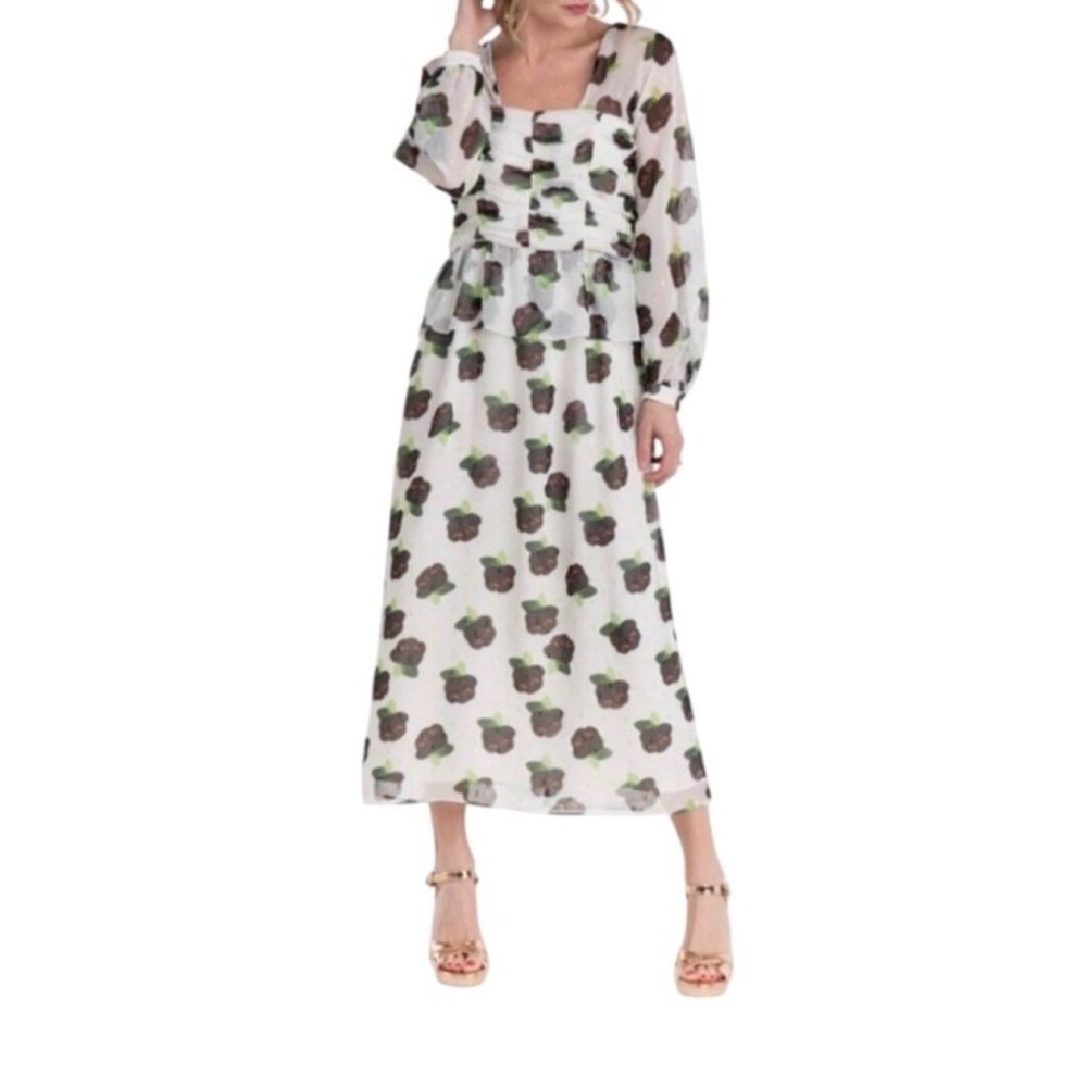 BURU Floral Metallic Chiffon Ruched Midi Dress Wedding Guest Womens Large Cream